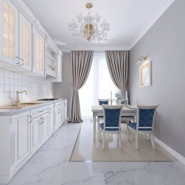 Cozinha Branca Com Mesa Jantar Estilo Clássico Interior Brilhante Cozinha — Fotografia de Stock