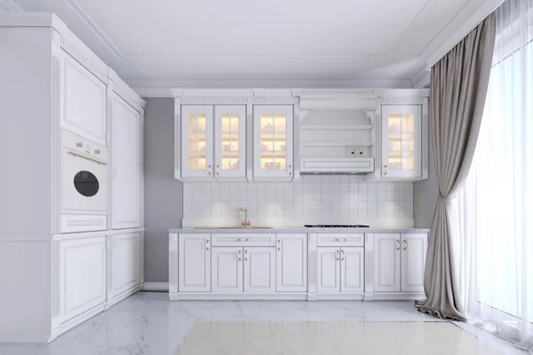 Cozinha Branca Moderna Estilo Clássico Interior Com Mobiliário Branco Paredes — Fotografia de Stock