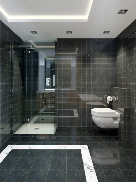 Glass Shower Toilet Modern Interior Toilet Black Tile Walls Marble — Stock Photo, Image