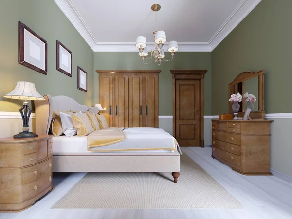 Dormitorio Clásico Moderno Con Paredes Olivo Ventana Grande Muebles Madera —  Fotos de Stock