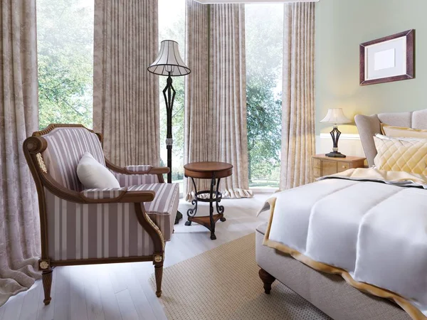 고전적인 스타일에 나무와 부드러운 요소와 침실에 스러운 렌더링 — 스톡 사진
