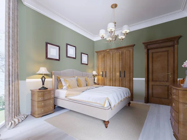 Modern Klasik geleneksel yatak odası iç tasarım zeytin duvarlar, şık mobilya ve yatak çarşafları ile. 3D render