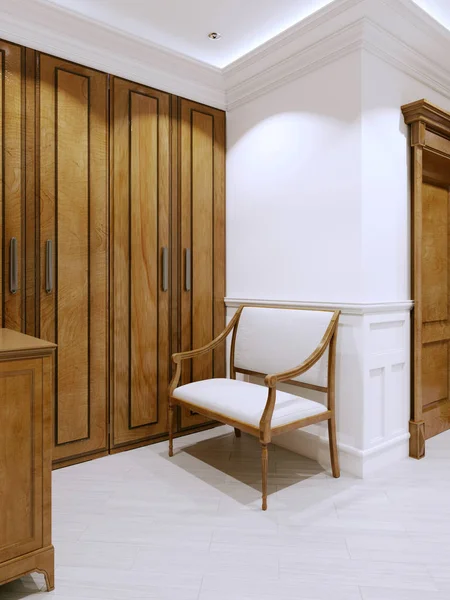 Wooden couch near the wooden wardrobe in the apartment corridor. Interior in classic style. 3d rendering