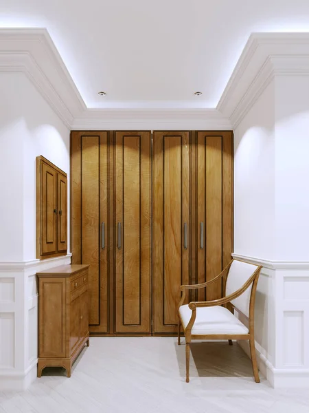 Wooden couch near the wooden wardrobe in the apartment corridor. Interior in classic style. 3d rendering