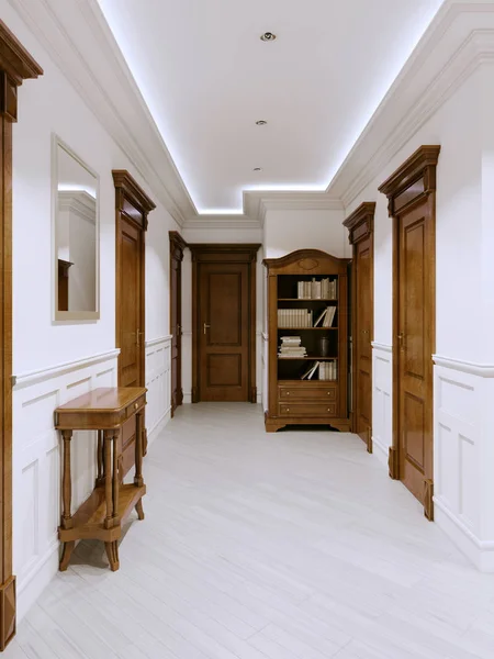Interiören Klassisk Stil Korridor Med Vita Väggar Och Dörrar Väggpaneler — Stockfoto