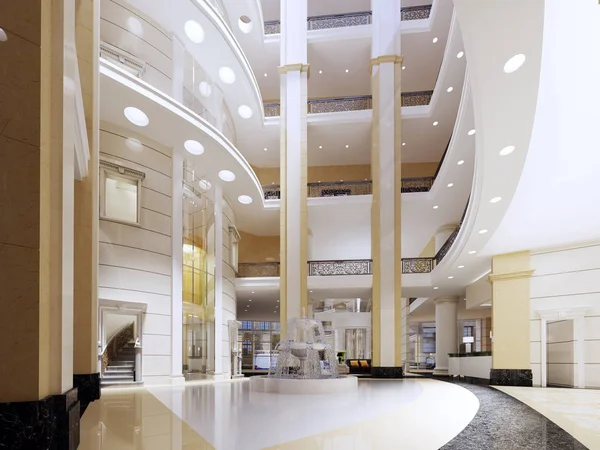 The lobby of the five-star hotel in a modern style with marble walls and pillars. 3d rendering.
