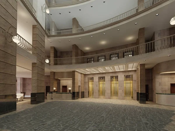 Luxurious lobby with dark stone walls and pillars with floor. 3d rendering.