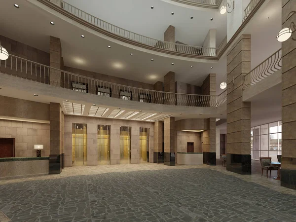 Lobby Luxo Com Paredes Pedra Escura Pilares Com Piso Renderização — Fotografia de Stock