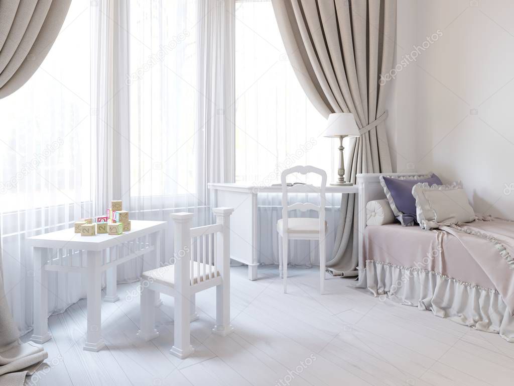 Children's room in a luxurious white color, with a bed, a wardrobe and a children's game table. 3d rendering.