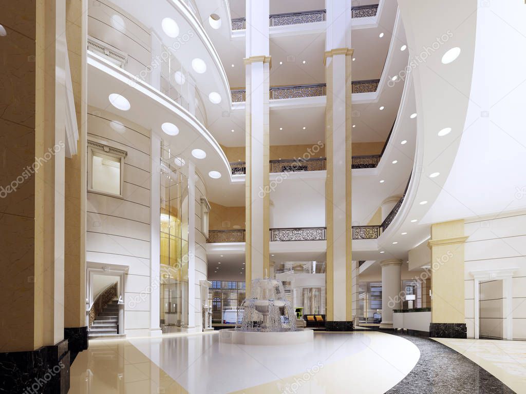 The lobby of the five-star hotel in a modern style with marble walls and pillars. 3d rendering.