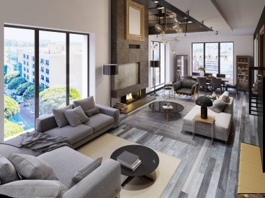 Yemek alanı ve tv alan ve çatı katı tarzında büyük şömine ile iki düzeyli salon daire. 3D render.