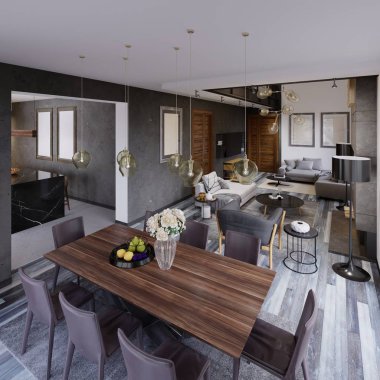 Bir yemek masası ile daire ve büyük çatı katı tarzında oturma odası kanepeler ve büyük bir şömine ve panoramik pencereler ile tasarlayın. 3D render.