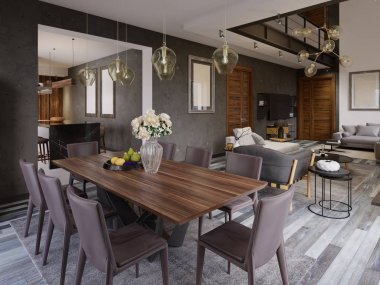 Zarif modern yemek odası iç. Lüks ev yemek odasında. Mutfak, yemek ve oturma odası çatı katı daire. 3D render