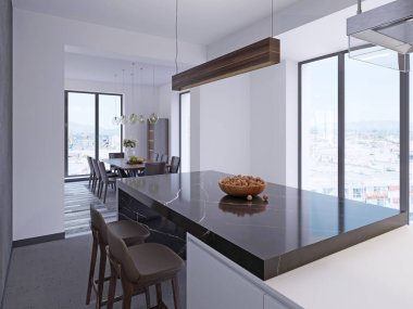 Modern çağdaş mutfak yemek alanı ve büyük panoramik pencereler ile sayacında bar. 3D render.