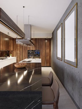 İki sandalye ve duvar resimleri ile modern siyah mermer bar. Modern çağdaş mutfak. 3D render.