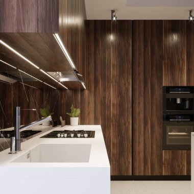 Çağdaş iç mutfak, 3d render modern mutfak aletleri.