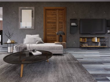 Rahat lounge Tv Standı, duvara bir resim ile bir çatı ve dergi bir tabloyla bir kanepe tarzında. 3D render.