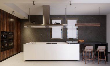 Lüks Mutfak mobilya beyaz alt ve ahşap üst, beyaz ve kahverengi ahşap öğeleri birleştiren ile. Modern çağdaş mutfak. 3D render.