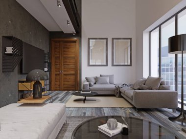 Güzel ve büyük hipster parke zeminler ile oturma odası iç tasarım ve yeni lüks ev tavan tonozlu. giriş yoluna ve ikinci loft alan. 3D render.