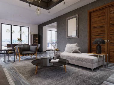 oturma odası ve yemek odası ile çatı katı daire. 3D render.