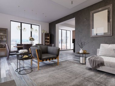 oturma odası ve yemek odası ile çatı katı daire. 3D render.