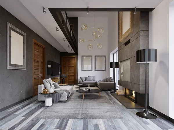 豪华的室内设计客厅 在嬉皮士风格与灰色家具和墙壁和一个创意柜下的电视与货架 — 图库照片