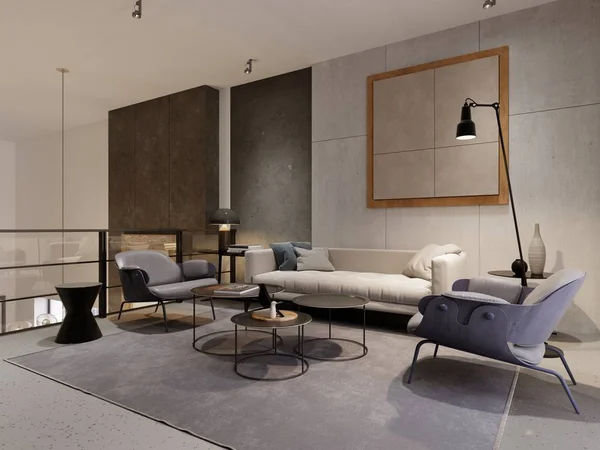 阁楼风格的休息区配有沙发 两把扶手椅和装饰 设计混凝土墙与细节 带玻璃的金属栏杆 — 图库照片