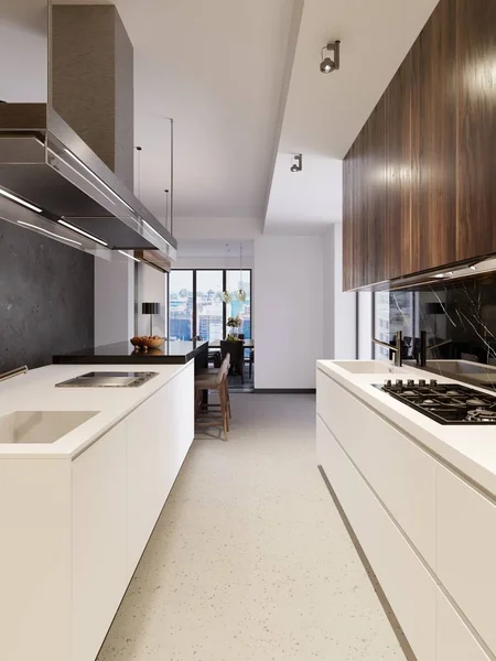 Stijlvolle Keuken Interieur Met Moderne Kasten Roestvrijstalen Apparaten Nieuwe Woning — Stockfoto