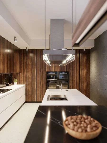 豪華なデザイナー キッチン アイランド キッチン ビルトイン家電付きの木製家具 現代的なキッチン レンダリング — ストック写真