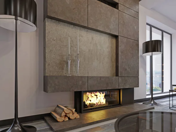 ロフト スタイル コンクリートの壁と絵画の現代のデザイナー暖炉 非常に熱い火と薪 レンダリング — ストック写真