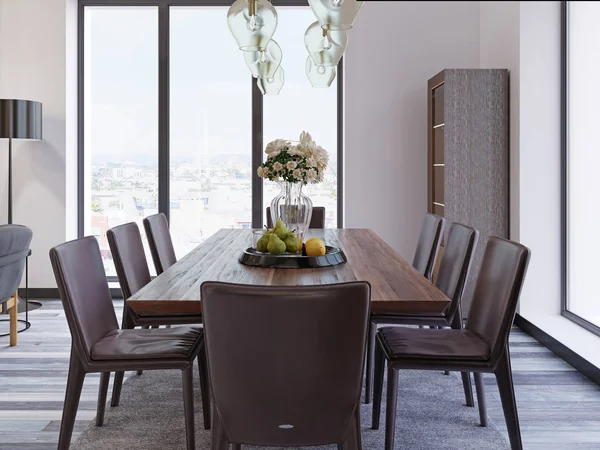 Panoramafenster Luxuriösen Speisesaal Mit Holztisch Und Lederstühlen Neben Vitrinen Und — Stockfoto