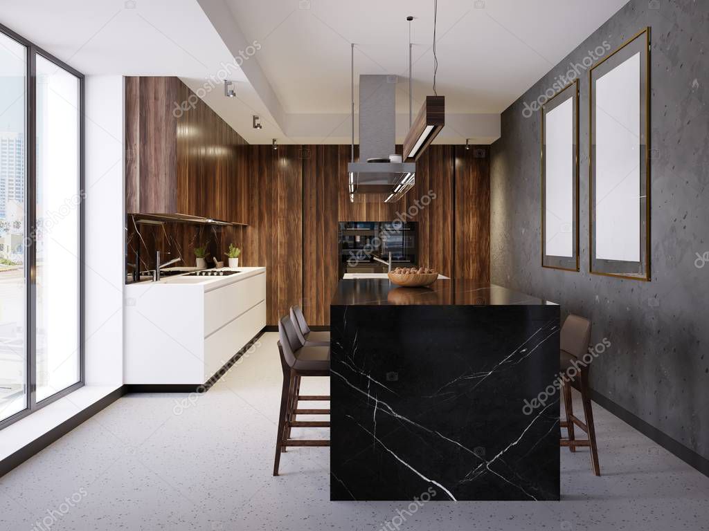 Modern contemporary kitchen with black maramor bar. 3d rendering.