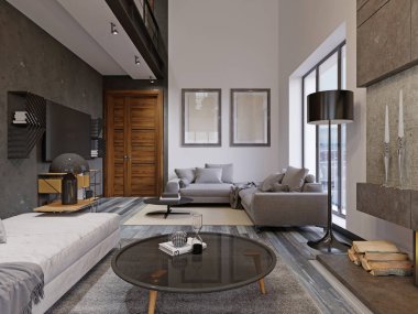 Güzel ve büyük hipster parke zeminler ile oturma odası iç tasarım ve yeni lüks ev tavan tonozlu. giriş yoluna ve ikinci loft alan. 3D render.