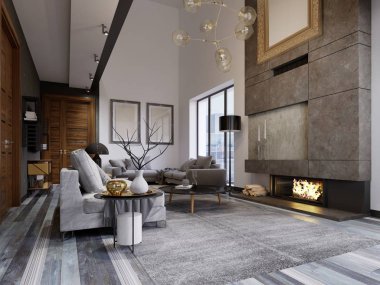 Tasarım daire ikinci bir sıra ile bir çatı katı tarzında. Bir kanepe ve koltuk ile TV alanı. 3D render.