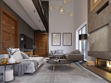 Tasarım daire ikinci bir sıra ile bir çatı katı tarzında. Bir kanepe ve koltuk ile TV alanı. 3D render.