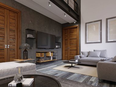 Şık modern oturma odası Tv ve modern bir tarzda yumuşak bir kanepe. 3D render