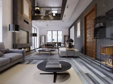 Oturma odası büyük pencereler, gri ve beyaz duvarlar, gri parke ve mobilya ve bir ikinci düzey ile çok geniş bir tasarımdır. Gri bir duvar ahşap kapı. Büyük duvardaki resim sergisi. 3D render.