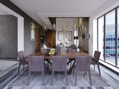 Zarif modern yemek odası iç. Lüks ev yemek odasında. Mutfak, yemek ve oturma odası çatı katı daire. 3D render