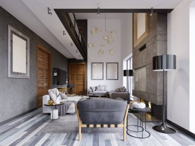 Lüks lof iç tasarım oturma odasında bir hippi tarzı gri mobilya ve duvar ve yaratıcı bir kabine raflar ile Tv altında. 3D render.