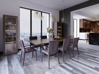 Panoramik pencerelere tahta masa ve deri koltukları vitrin ve tasarımcı asılı lambalar yanındaki lüks yemek salonunda. 3D render