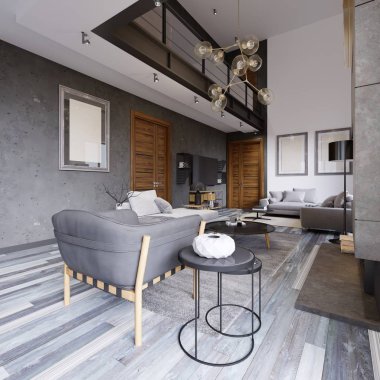 Lüks lof iç tasarım oturma odasında bir hippi tarzı gri mobilya ve duvar ve yaratıcı bir kabine raflar ile Tv altında. 3D render.