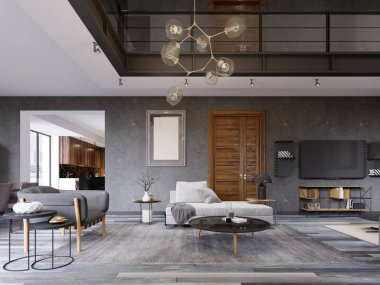 Lüks lof iç tasarım oturma odasında bir hippi tarzı gri mobilya ve duvar ve yaratıcı bir kabine raflar ile Tv altında. 3D render.