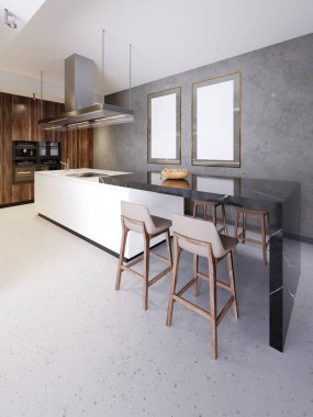 Çağdaş mutfak iç kahverengi ve beyaz mobilya ile. Konsept Tasarım ve yaşam tarzı. 3D render