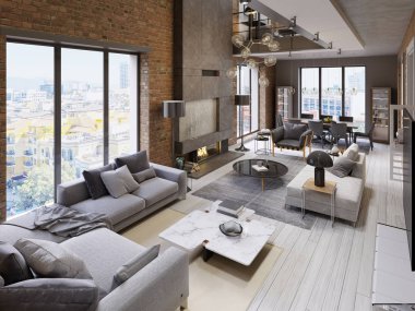 Büyük modern loft tarzı daire kanepeler, tekli, şömine, tuğla duvar, yemek masası ile. 3D render