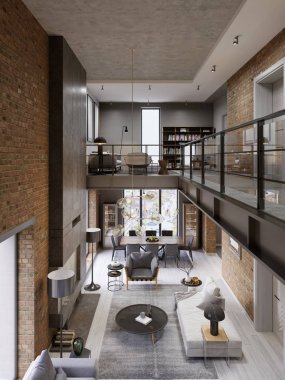 Çatı katı modern iç açık plan modern daire tasarlanmış. Açık plan mutfak, yemek odası, oturma odası, cam korkuluk, asma üzerinde de dahil olmak üzere. 3D render
