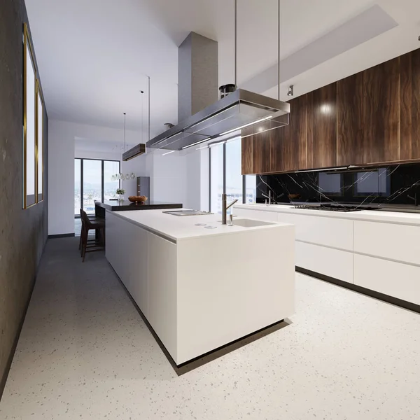 豪华的厨房家具 配有白色的底部和木质的顶部 结合了白色和棕色的木制元素 现代风格的厨房 — 图库照片