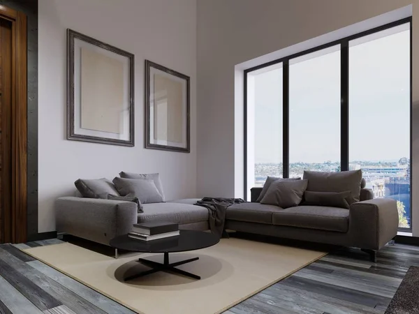 客厅窗户旁的大角沙发是现代风格 灰色面料 多功能模块化沙发 上面有杂志桌和绘画 — 图库照片