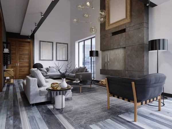 リビング ルームのデザインは 非常に広々 とした大きな窓 灰色と白い壁 灰色寄木細工の床と家具 番目のレベルです 灰色の壁の木製ドア 壁には大きな絵 レンダリング — ストック写真
