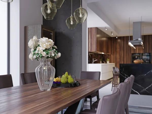 Intérieur Moderne Salle Manger Décloisonnée Avec Une Grande Table Avec — Photo