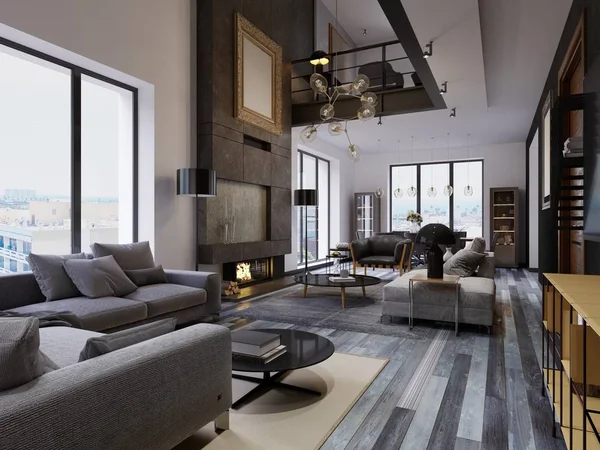 Lägenhet Duplex Loft Stil Moderna Möbler Och Tegelväggar Med Designer — Stockfoto
